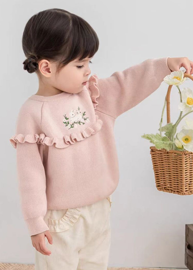 Green Embroideried Ruffled Patchwork Cotton Knit Knit Sweaters Spring