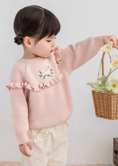 Green Embroideried Ruffled Patchwork Cotton Knit Knit Sweaters Spring