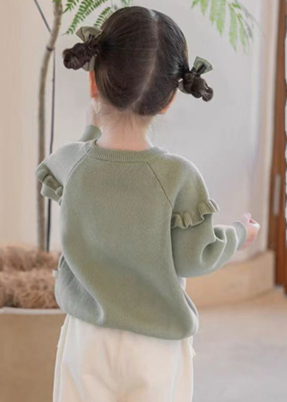 Green Embroideried Ruffled Patchwork Cotton Knit Knit Sweaters Spring