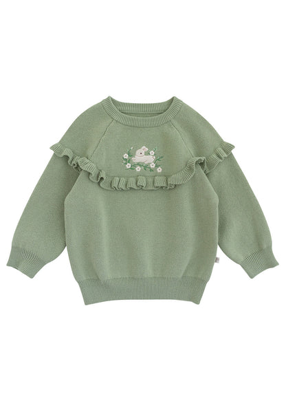 Green Embroideried Ruffled Patchwork Cotton Knit Knit Sweaters Spring