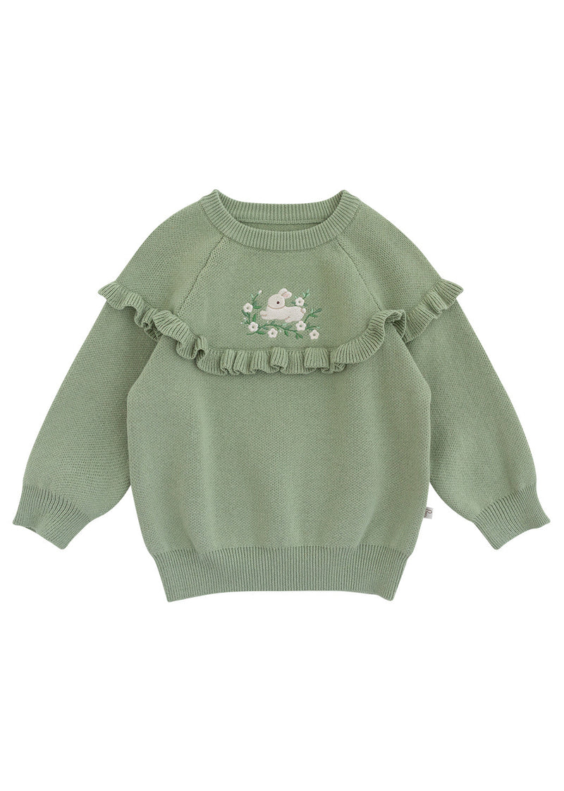 Green Embroideried Ruffled Patchwork Cotton Knit Knit Sweaters Spring