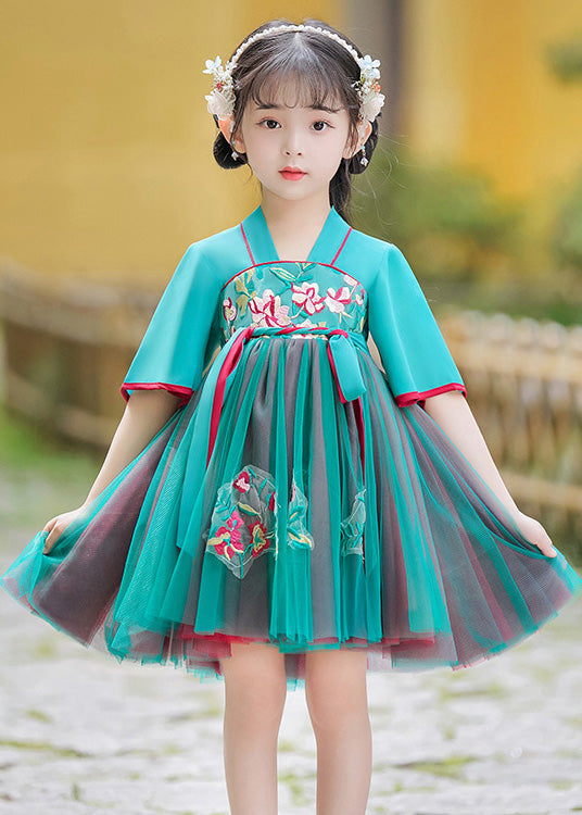Green Embroideried Tie Waist Tulle Mid Dress Summer
