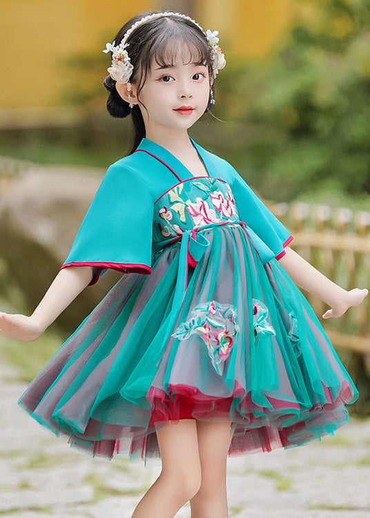 Green Embroideried Tie Waist Tulle Mid Dress Summer