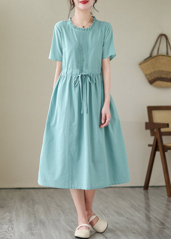 Green O-neck Patchwork Tie Waist Linen Long Dresses Short Sleeve