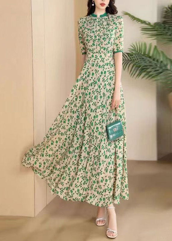 Green O-neck Print Wrinkled Chiffon Maxi Dresses Short Sleeve