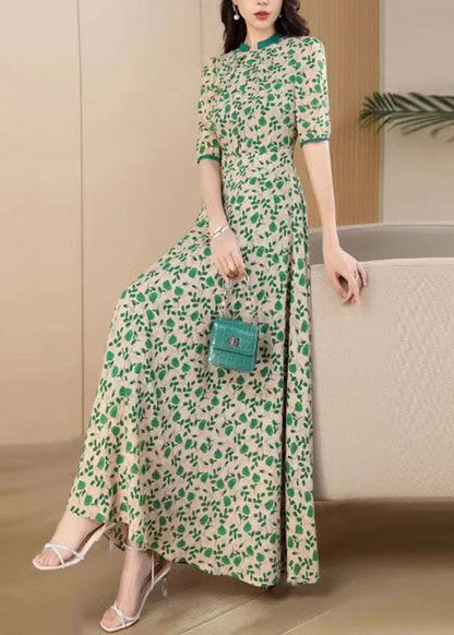 Green O-neck Print Wrinkled Chiffon Maxi Dresses Short Sleeve
