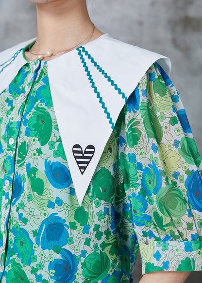 Green Peter Pan Collar Print Chiffon a Line Dress Summer