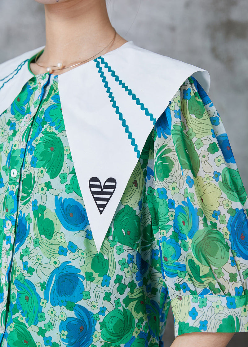 Green Peter Pan Collar Print Chiffon a Line Dress Summer