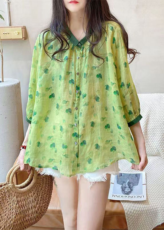 Green Peter Pan Collar Print Linen Blouses Summer