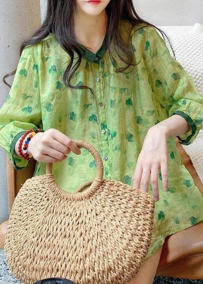 Green Peter Pan Collar Print Linen Blouses Summer