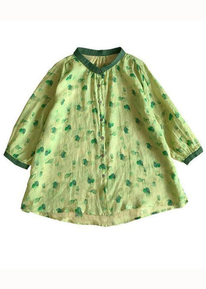 Green Peter Pan Collar Print Linen Blouses Summer