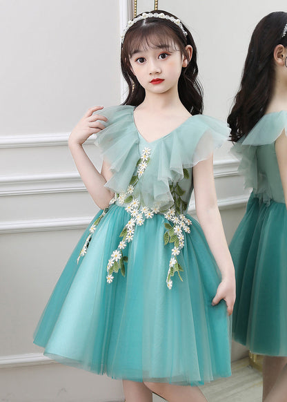 Green Ruffled Embroideried Daisy Tulle Kids Long Dresses Summer