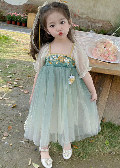Green Ruffled Embroideried Patchwork Chiffon Kids Dresses Summer