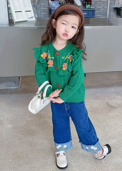 Green Ruffled Knit Coat and Denim Pants Sets 2 Pieces Fall