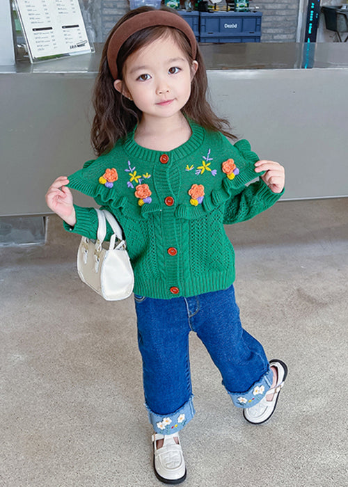 Green Ruffled Knit Coat and Denim Pants Sets 2 Pieces Fall