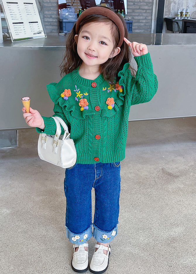 Green Ruffled Knit Coat and Denim Pants Sets 2 Pieces Fall