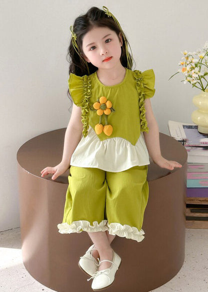 Green Ruffled Patchwork Sunflower Top and Wide Leg Pants Two Pieces Set Summer