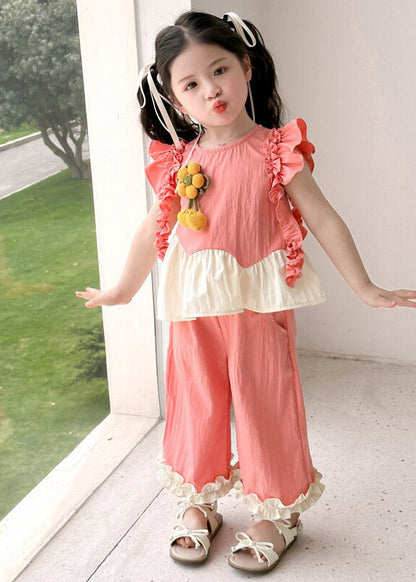 Green Ruffled Patchwork Sunflower Top and Wide Leg Pants Two Pieces Set Summer