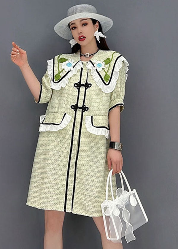 Green Sailor Collar Patchwork Ruffled Cotton Maxi Dress Short Sleeve