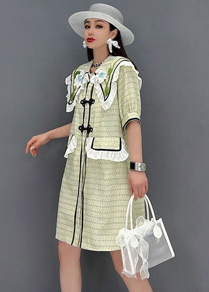 Green Sailor Collar Patchwork Ruffled Cotton Maxi Dress Short Sleeve