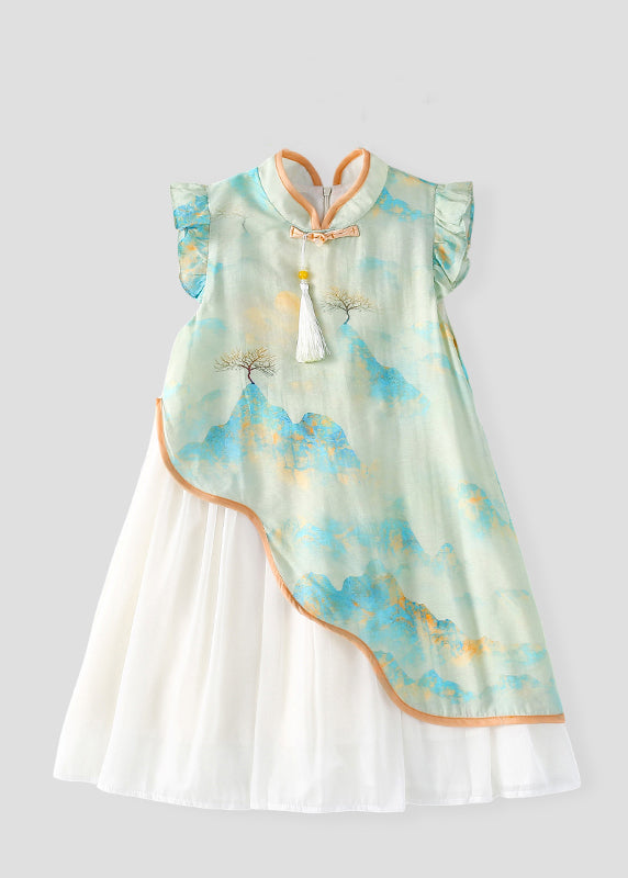 Green Stand Collar Chiffon Patchwork Kids Chiffon Maxi Dress Short Sleeve