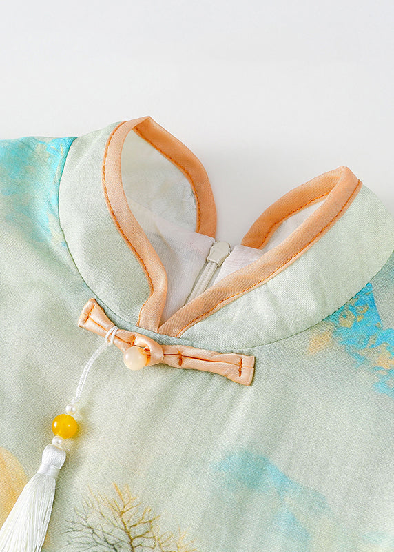 Green Stand Collar Chiffon Patchwork Kids Chiffon Maxi Dress Short Sleeve
