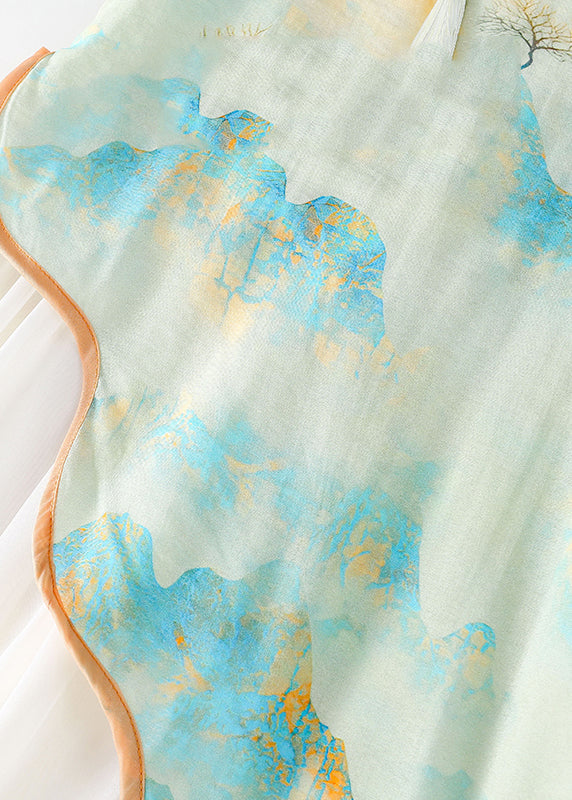 Green Stand Collar Chiffon Patchwork Kids Chiffon Maxi Dress Short Sleeve