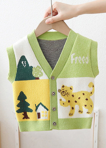 Green V Neck Button Patchwork Knit Baby Waistcoat Sleeveless