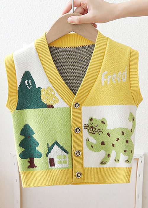 Green V Neck Button Patchwork Knit Baby Waistcoat Sleeveless