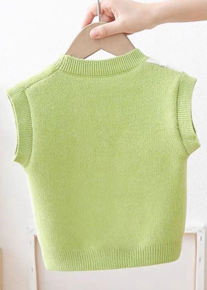 Green V Neck Button Patchwork Knit Baby Waistcoat Sleeveless
