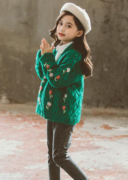 Green V Neck Button Patchwork Knit Cardigans Fall