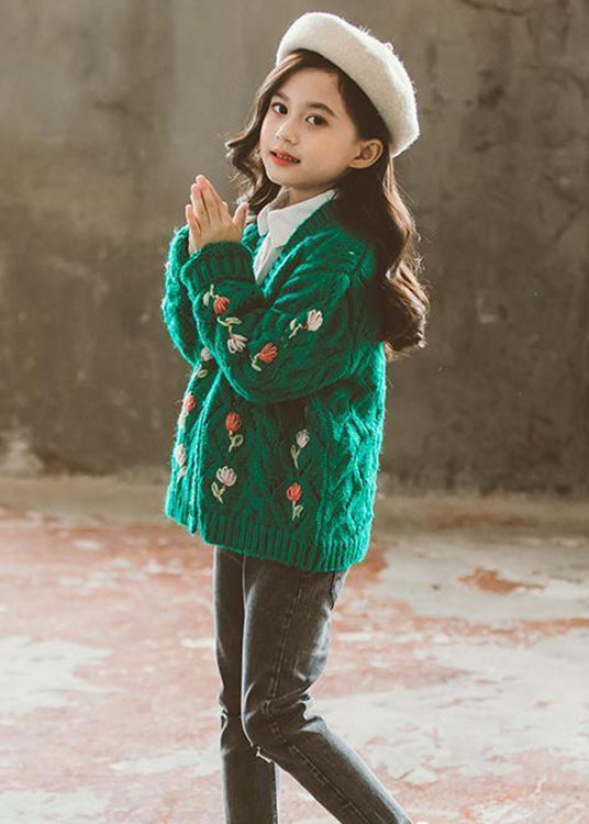 Green V Neck Button Patchwork Knit Cardigans Fall