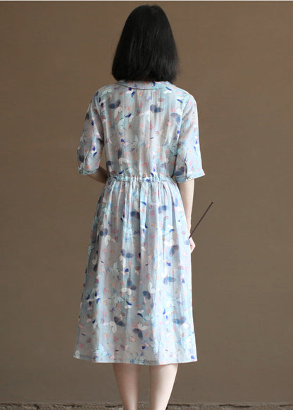 Grey Blue Peter Pan Collar Tie Waist Print Linen Vacation Dresses Half Sleeve