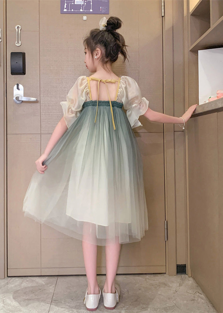 Grey Green Square Collar Embroideried Patchwork Wrinkled Tassel Tulle Kids Maxi Dresses Short Sleeve