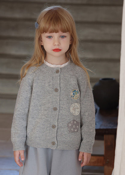 Grey O-neck Patchwork Cotton Knit Kids Cardigans Spring