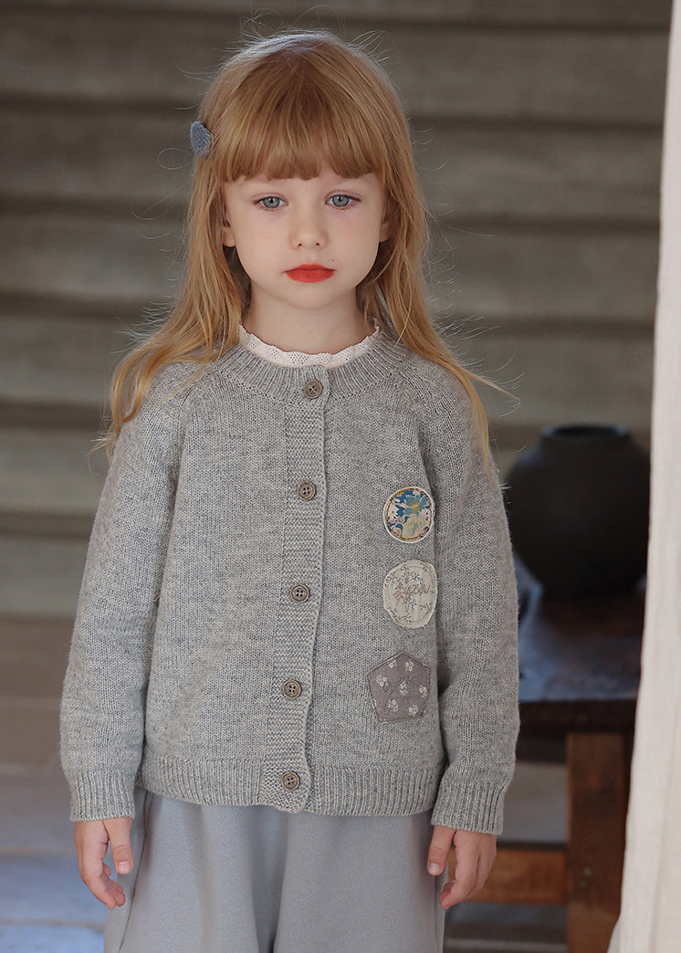 Grey O-neck Patchwork Cotton Knit Kids Cardigans Spring