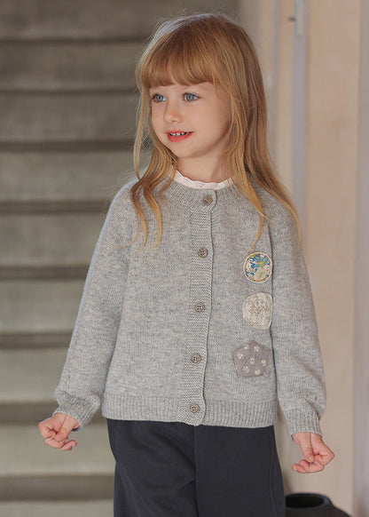 Grey O-neck Patchwork Cotton Knit Kids Cardigans Spring