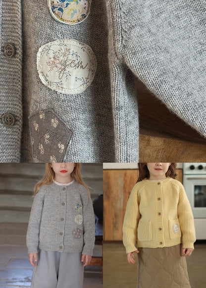 Grey O-neck Patchwork Cotton Knit Kids Cardigans Spring