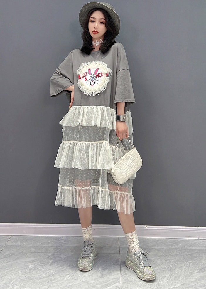 Grey O-neck Patchwork Tulle Dress Short Sleeve