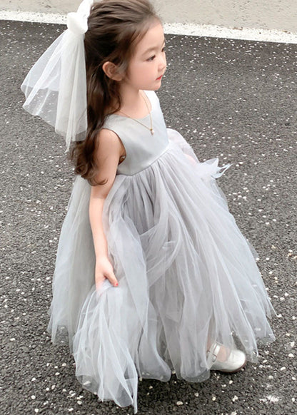 Grey O Neck Wrinkled Patchwork Tulle Baby Party Dress Sleeveless