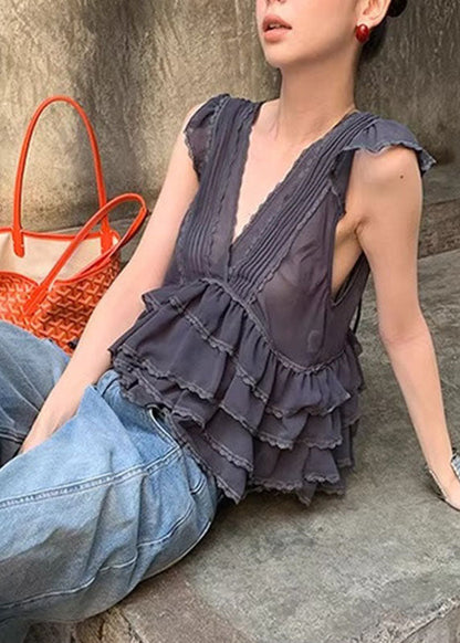 Grey V Neck Ruffled Lace Patchwork Chiffon Vest Summer
