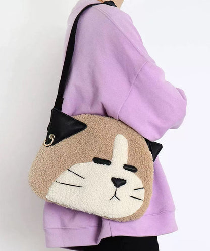 Khaki Dog Shaped Large Capacity Woolen Messenger Bag