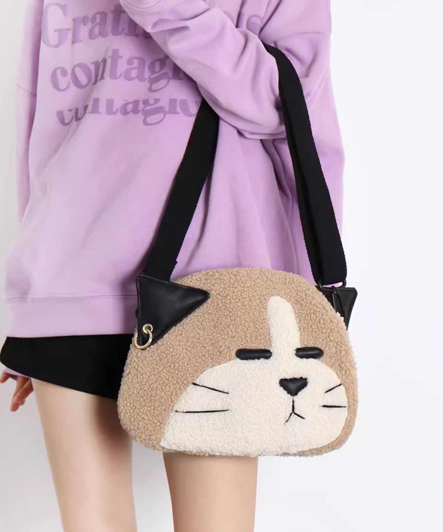 Khaki Dog Shaped Large Capacity Woolen Messenger Bag