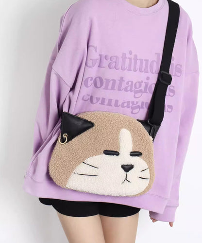 Khaki Dog Shaped Large Capacity Woolen Messenger Bag