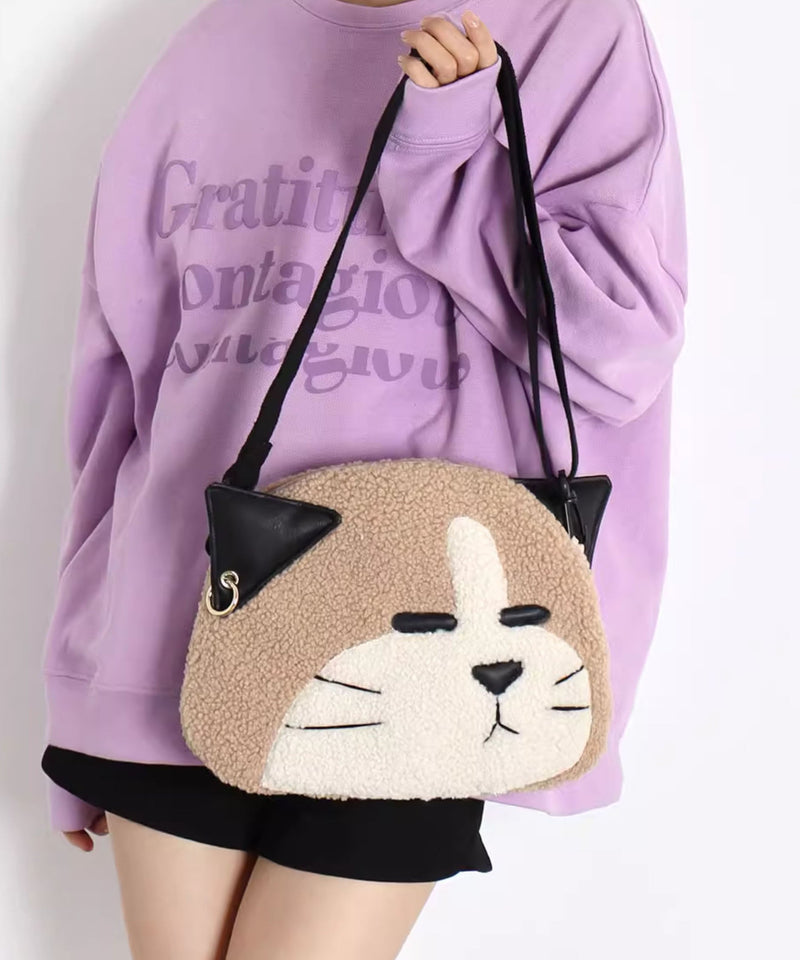 Khaki Dog Shaped Large Capacity Woolen Messenger Bag