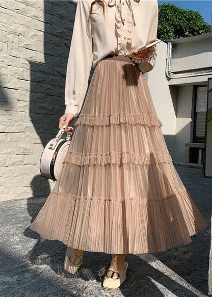 Khaki High Waist Wrinkled Tulle Cake Skirt Spring