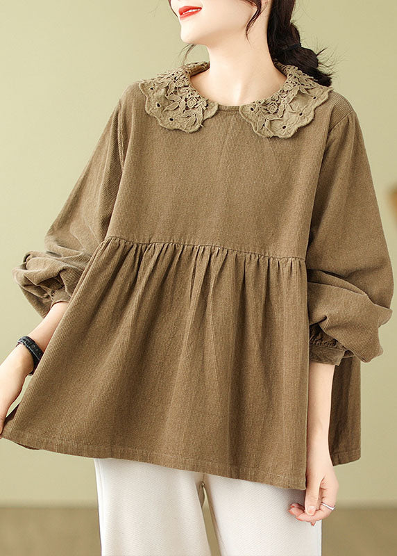Khaki Lace Patchwork Wrinkled Tops Long Sleeve