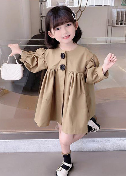 Khaki O-neck Patchwork Kids Mid Dresses Fall