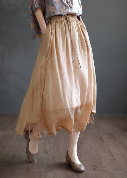 Khaki Patchwork Elastic Waist Ramie a Line Skirts Summer