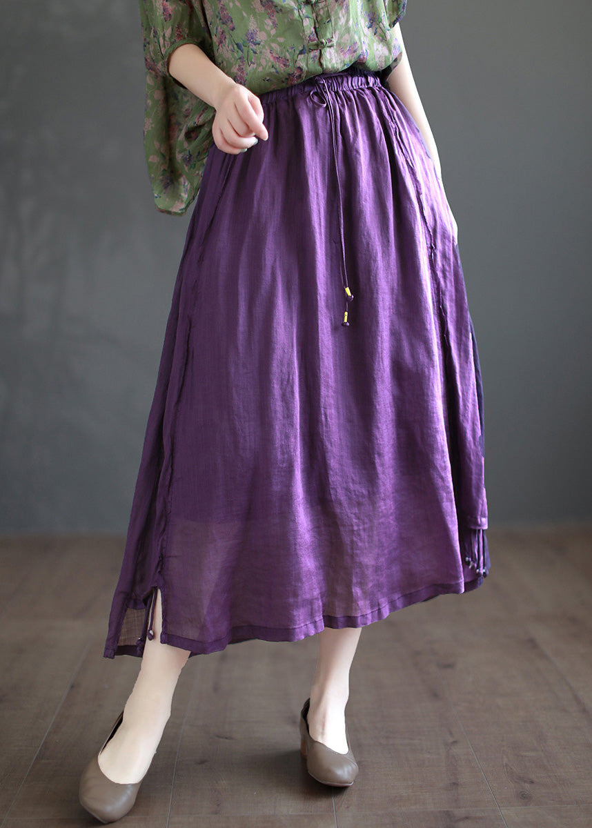 Khaki Patchwork Elastic Waist Ramie a Line Skirts Summer